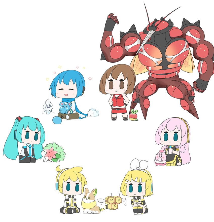 hatsune miku, kagamine rin, kagamine len, megurine luka, kaito, and 10 more (pokemon and 1 more) drawn by hatsune_negame