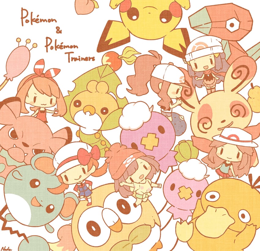 dawn, may, hilda, selene, rowlet, and 11 more (pokemon and 6 more) drawn by nada_namie