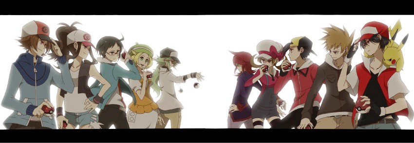 pikachu, hilda, red, ethan, blue oak, and 6 more (pokemon and 3 more) drawn by sei_(shinkai_parallel)