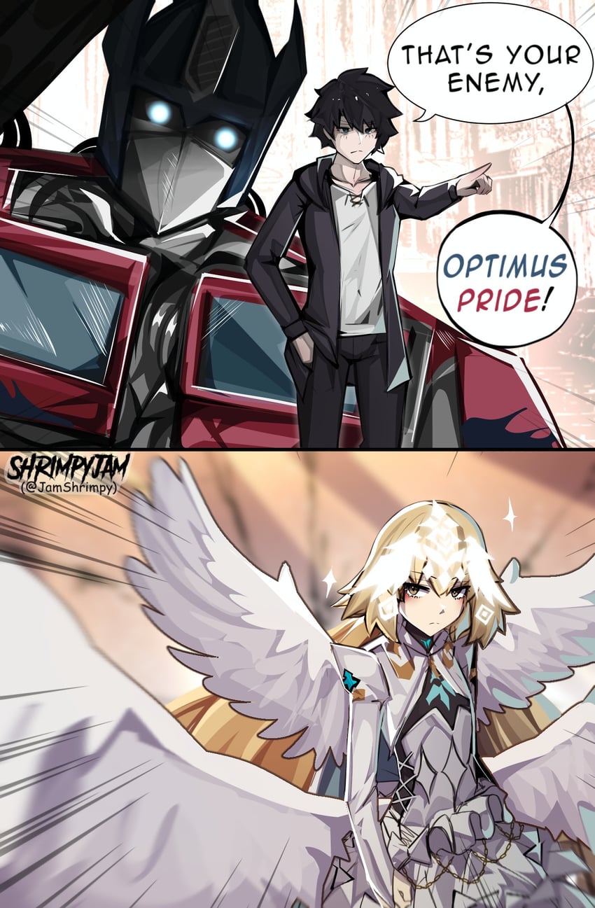 fujimaru ritsuka, jeanne d'arc, optimus prime, and metatron jeanne (fate and 2 more) drawn by jamshrimpy