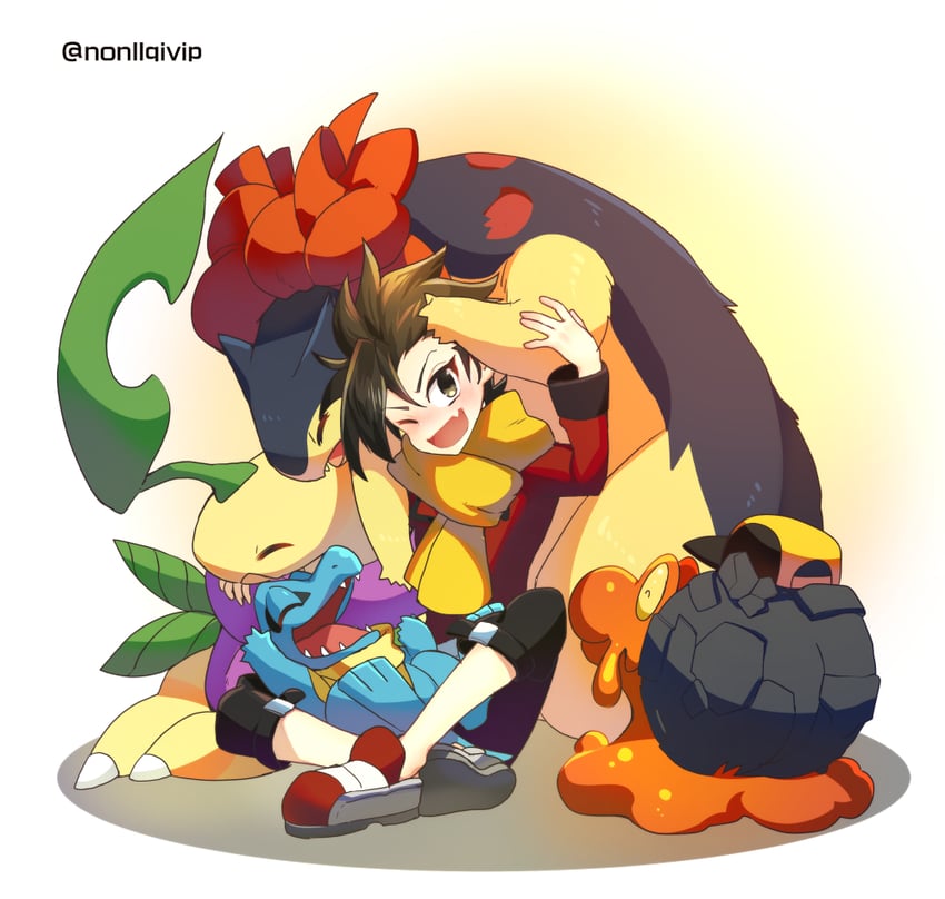 ethan, totodile, typhlosion, bayleef, and magcargo (pokemon and 1 more) drawn by yamanashi_taiki