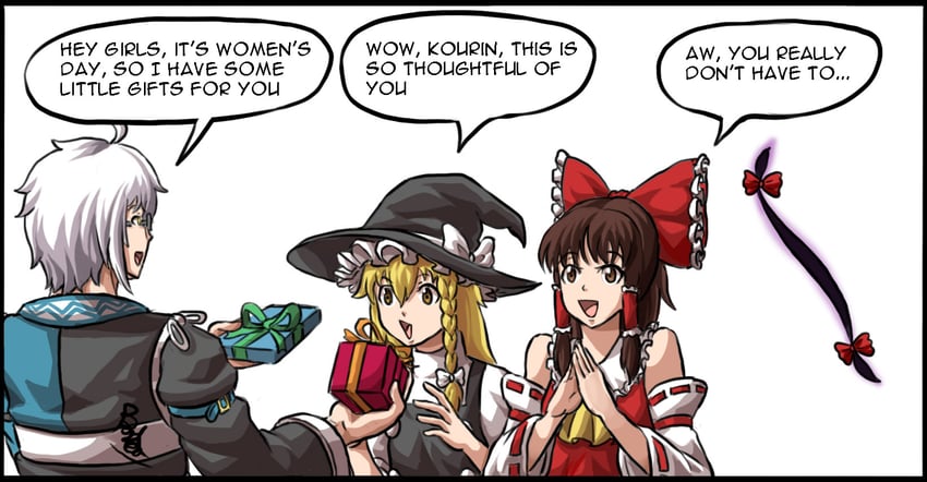 hakurei reimu, kirisame marisa, and morichika rinnosuke (touhou) drawn by buhbuhbored