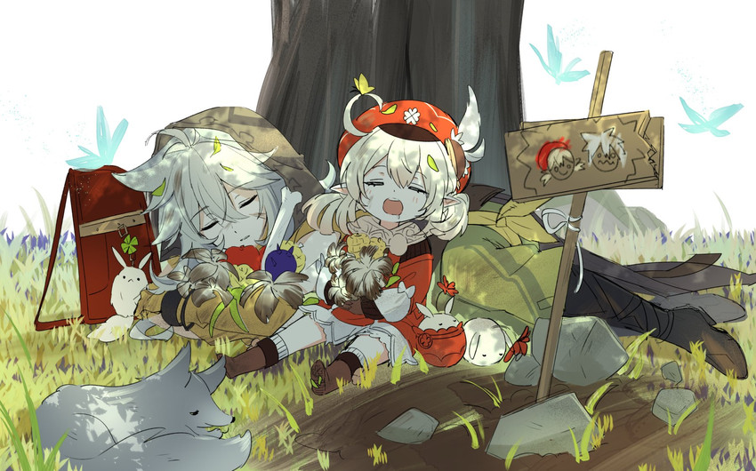 klee, dodoco, jumpy dumpty, and razor (genshin impact) drawn by boo_1