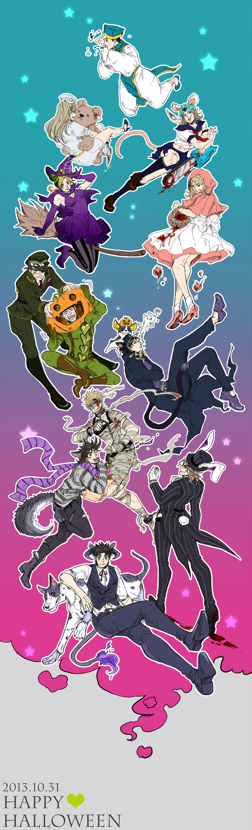 joseph joestar, kujo jotaro, dio brando, caesar anthonio zeppeli, kujo jolyne, and 10 more (jojo no kimyou na bouken and 9 more) drawn by april_rain