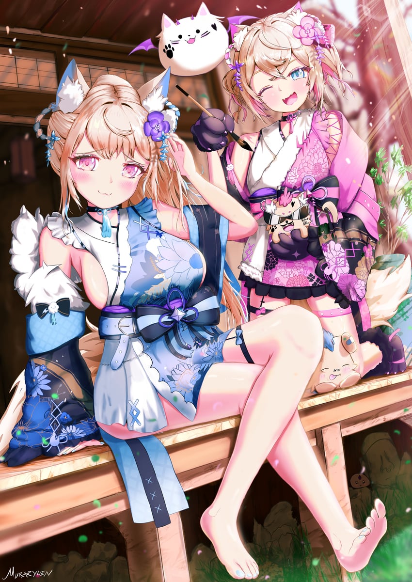 fuwawa abyssgard, mococo abyssgard, and perroccino (hololive and 1 more) drawn by muraryuen