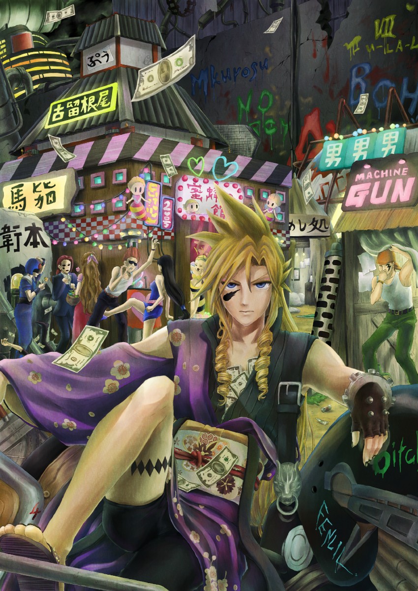 tifa lockhart, cloud strife, aerith gainsborough, and johnny (final fantasy and 1 more) drawn by niboshi514