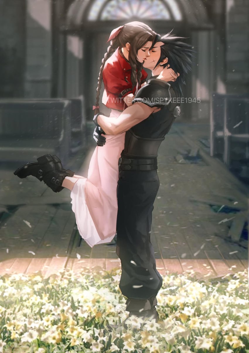 aerith gainsborough and zack fair (final fantasy and 3 more) drawn by spykeee