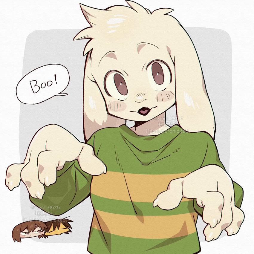 frisk, chara, and asriel dreemurr (undertale) drawn by kageimo