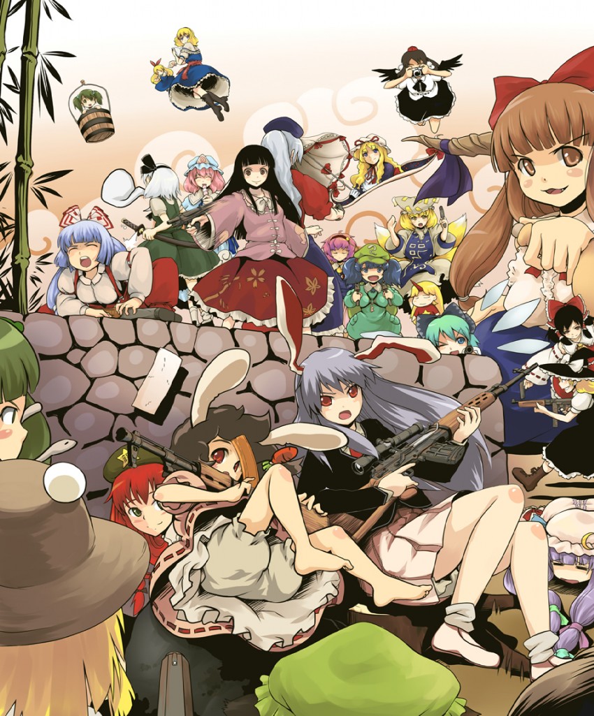 hakurei reimu, kirisame marisa, kochiya sanae, konpaku youmu, alice margatroid, and 20 more (touhou) drawn by daizu_sanchi