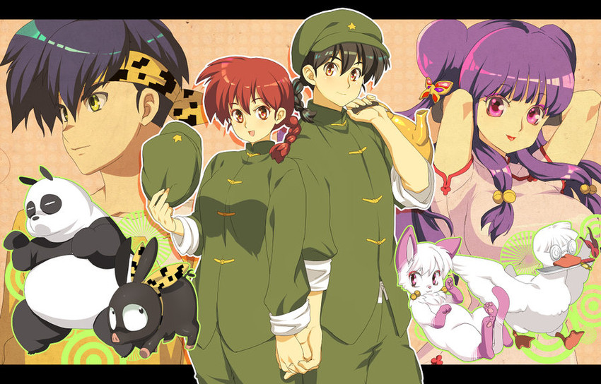 ranma-chan, saotome ranma, p-chan, hibiki ryouga, saotome genma, and 3 more (ranma 1/2) drawn by gimei