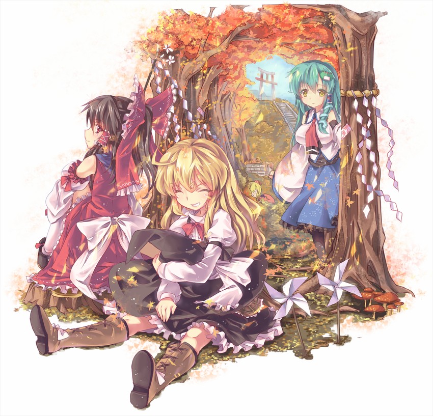 hakurei reimu, kirisame marisa, kochiya sanae, aki minoriko, and aki shizuha (touhou) drawn by north_abyssor