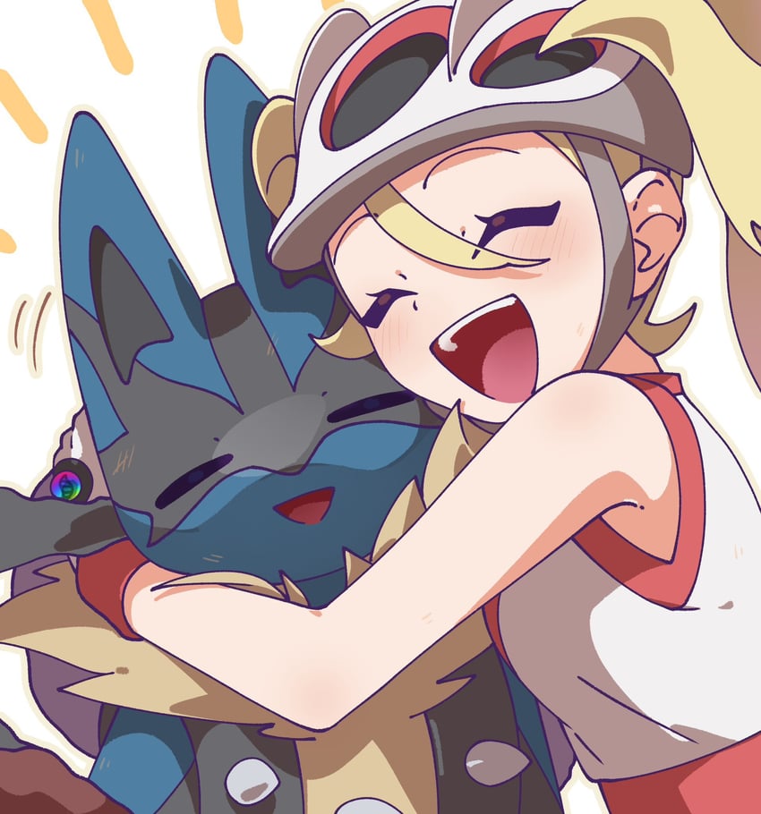 lucario, korrina, and mega lucario (pokemon and 1 more) drawn by omochi_(omotimotittona3)