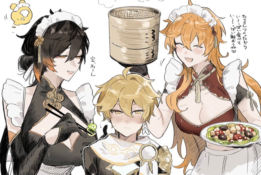 aether, zhongli, tartaglia, and seelie (genshin impact) drawn by tabibitowayo
