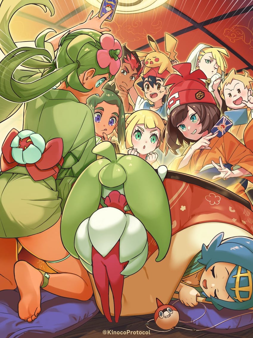 pikachu, lillie, ash ketchum, selene, lana, and 7 more (pokemon and 2 more) drawn by kinocopro