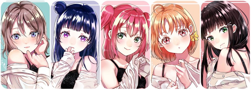 watanabe you, tsushima yoshiko, takami chika, kurosawa dia, and kurosawa ruby (love live! and 1 more) drawn by komugi_(komugi_ckdi)