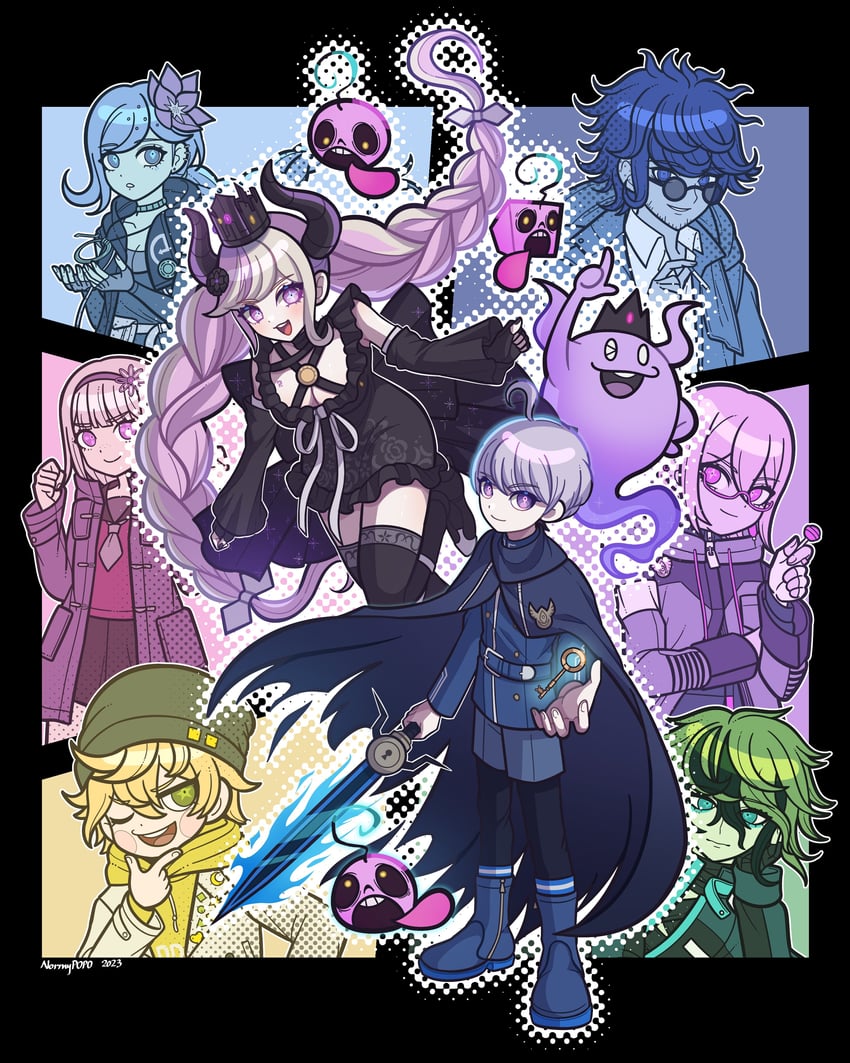 yuma kokohead, shinigami, halara nightmare, vivia twilight, desuhiko thunderbolt, and 3 more (master detective archives: rain code) drawn by normypopo