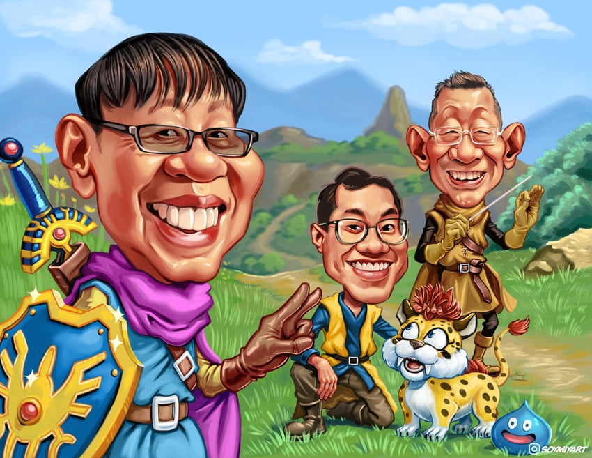 slime, hero, toriyama akira, great sabrecub, horii yuuji, and 1 more (dragon quest and 3 more) drawn by soymyart