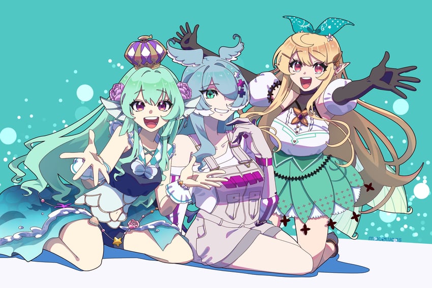 elira pendora, pomu rainpuff, and finana ryugu (nijisanji and 1 more) drawn by macowcas