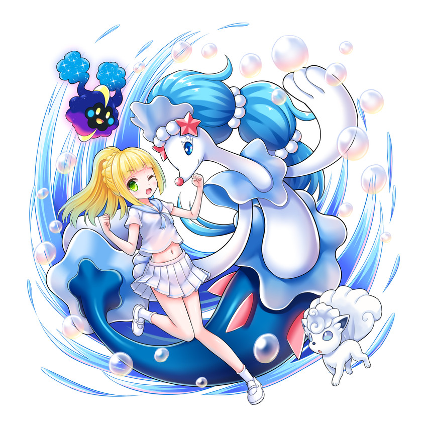 lillie, alolan vulpix, cosmog, and primarina (pokemon and 1 more) drawn by bluebird_(bluebird90)