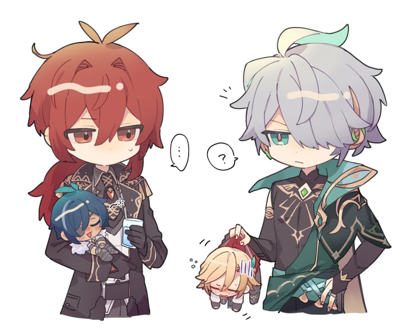 diluc, alhaitham, kaeya, and kaveh (genshin impact) drawn by koma_(km_mmmk)