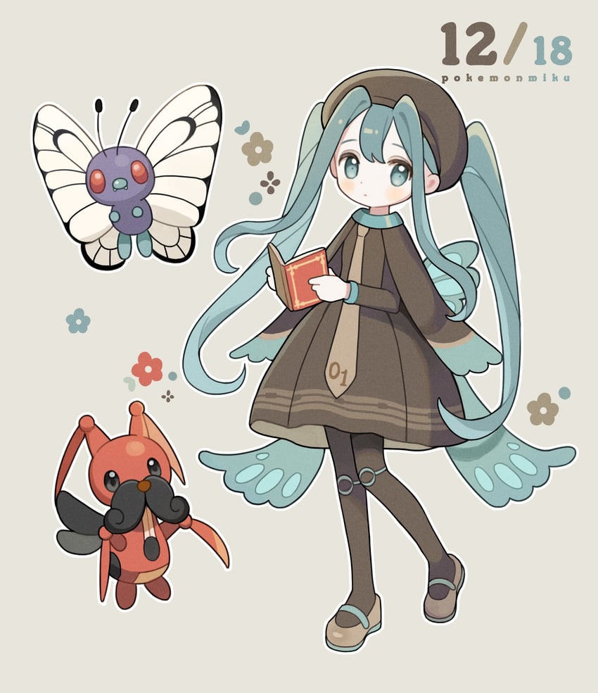 hatsune miku, butterfree, bug miku, and kricketune (pokemon and 2 more) drawn by hinnya