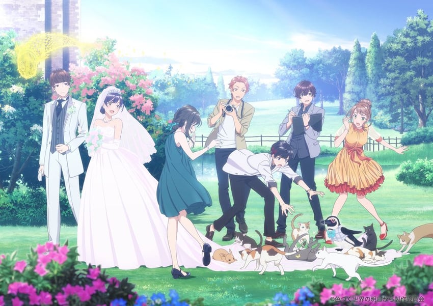 tsukishiro kohaku, kazano asagi, aoi yuito, yamabuki shou, kawai kurumi, and 2 more (irozuku sekai no ashita kara) drawn by akiyama_yuki_(artist)
