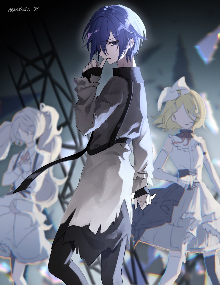 hatsune miku, kagamine rin, kaito, 25-ji miku, 25-ji rin, and 1 more (vocaloid and 1 more) drawn by na_ro_12