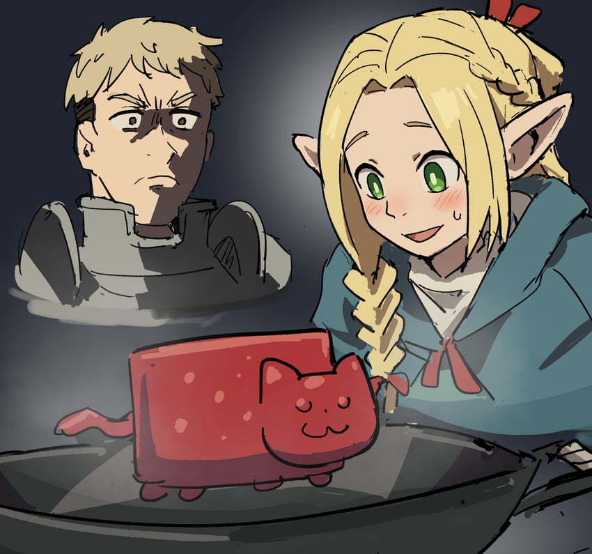 marcille donato, laios touden, nyan cat, and marcille's familiar (dungeon meshi and 1 more) drawn by tenten_(chan4545)