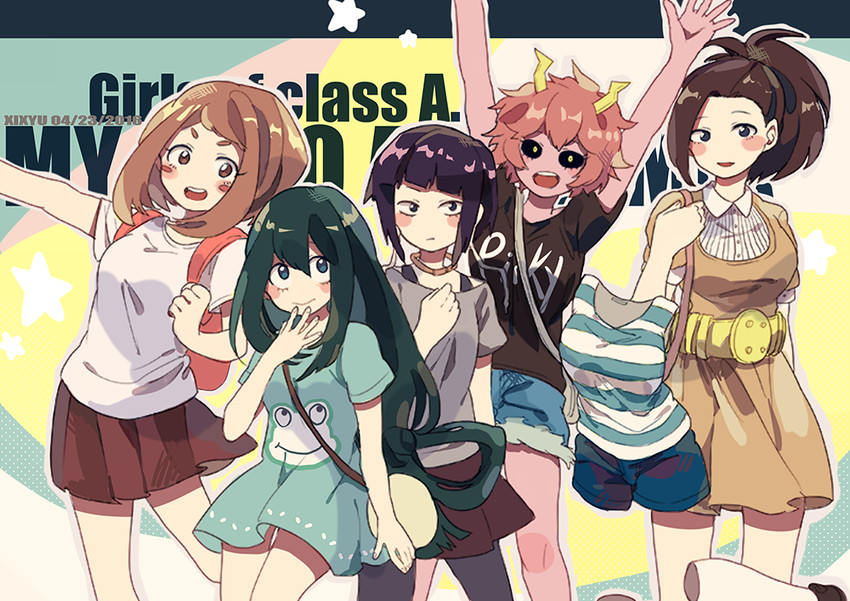 uraraka ochaco, asui tsuyu, yaoyorozu momo, ashido mina, jiro kyoka, and 1 more (boku no hero academia) drawn by xi_yuu
