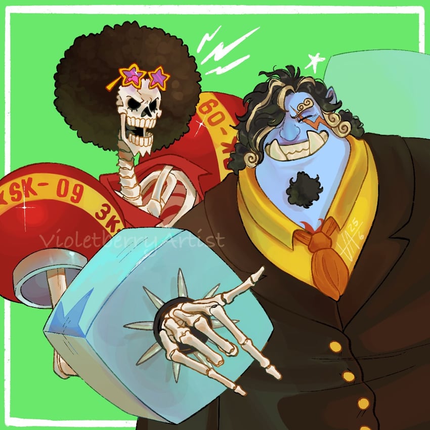 sanji, brook, franky, and jinbe (one piece) drawn by violetberryartist