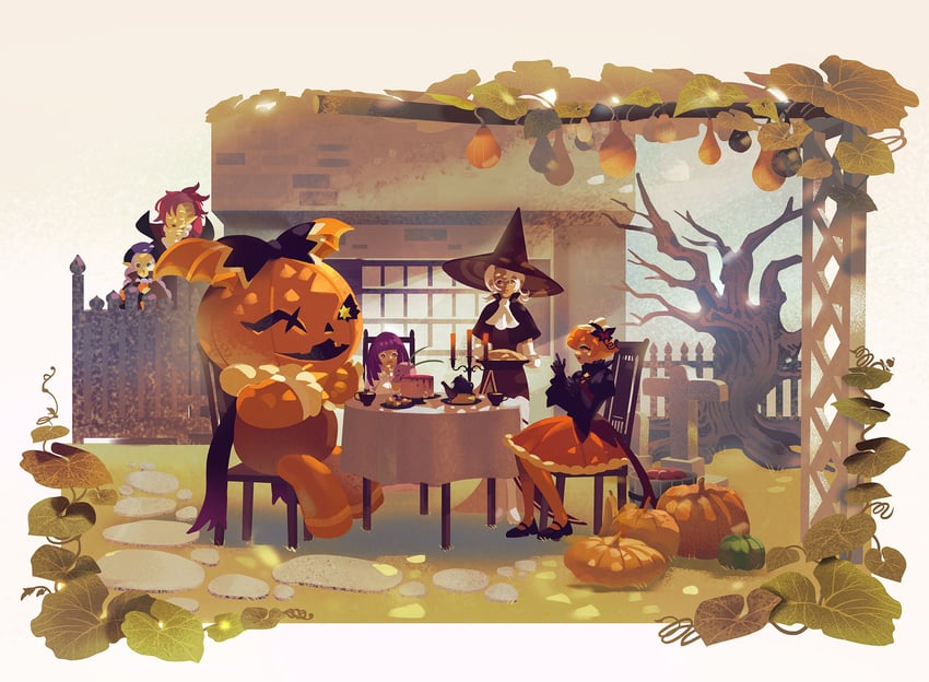 latte cookie, vampire cookie, alchemist cookie, onion cookie, pumpkin pie cookie, and 1 more (cookie run and 1 more) drawn by bandal