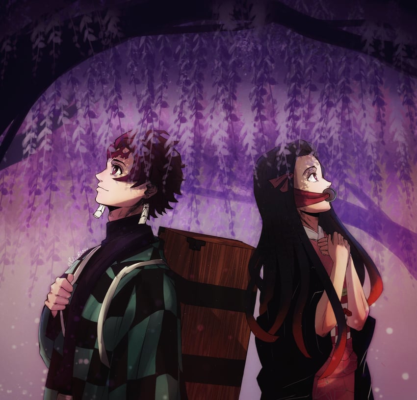 kamado nezuko and kamado tanjirou (kimetsu no yaiba) drawn by sahiru