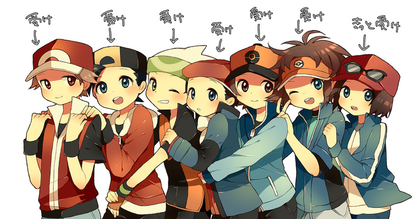 red, ethan, hilbert, brendan, calem, and 2 more (pokemon and 9 more) drawn by pink_usagi