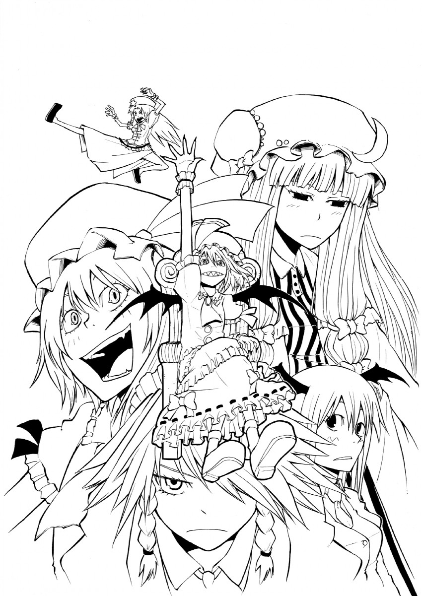 remilia scarlet, flandre scarlet, izayoi sakuya, patchouli knowledge, hong meiling, and 1 more (touhou) drawn by karu_(ishiken)