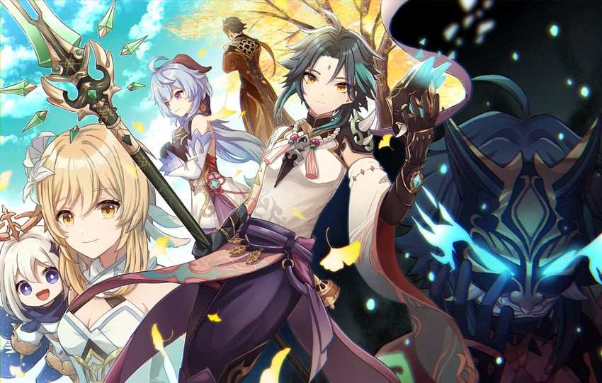 ganyu, lumine, zhongli, paimon, and xiao (genshin impact) drawn by su34ma