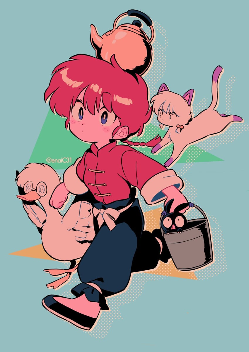 ranma-chan, p-chan, shampoo, and mousse (ranma 1/2) drawn by menma_(enaic31)