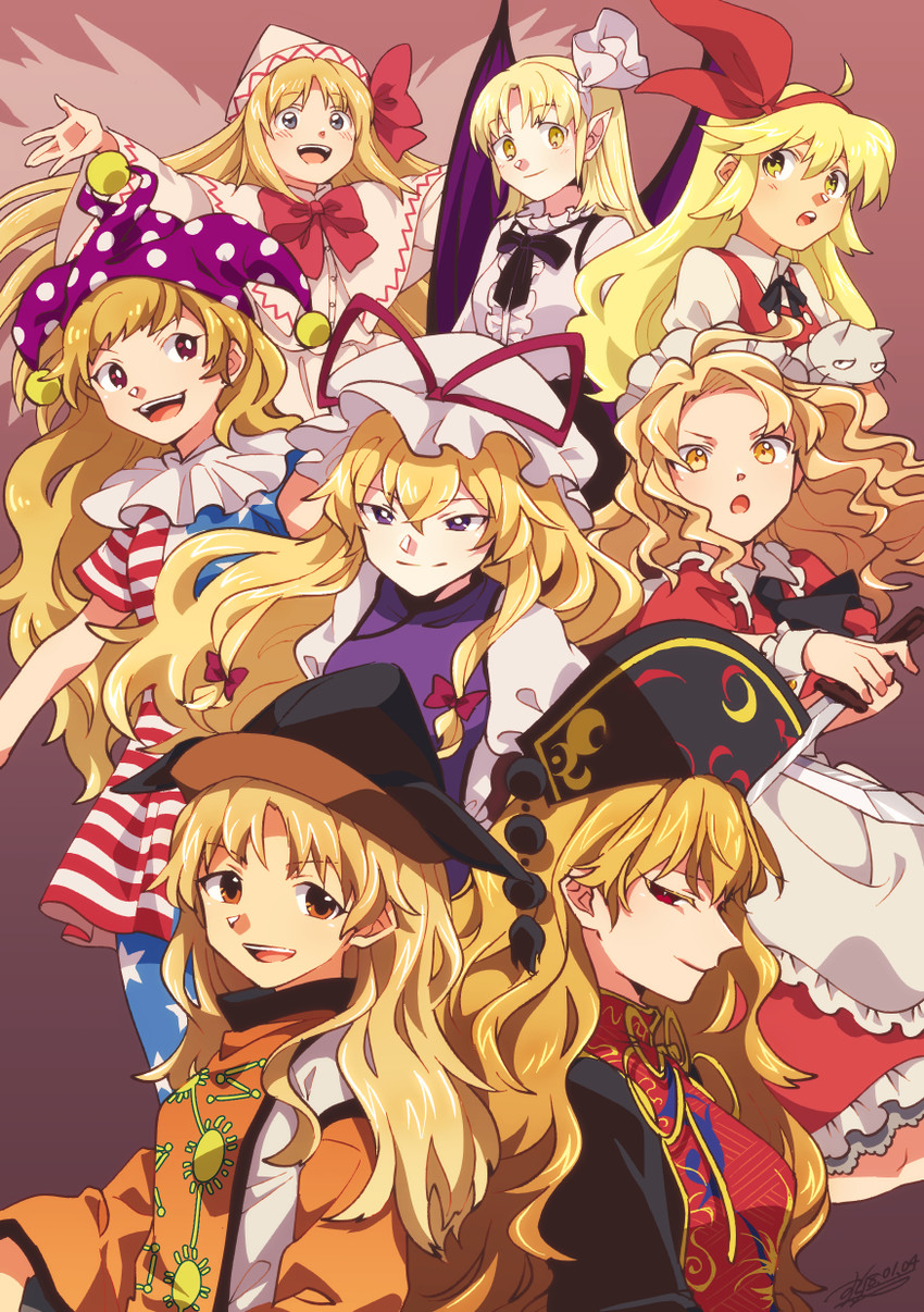yakumo yukari, clownpiece, junko, lily white, matara okina, and 4 more (touhou) drawn by shikido_(khf)