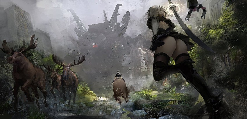 2b, 9s, and pod (nier and 1 more) drawn by qosic