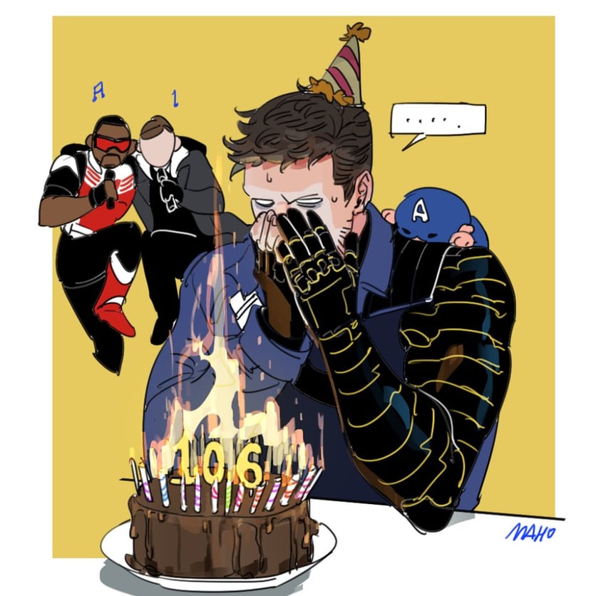 captain america, bucky barnes, sam wilson, the falcon, and baron zemo (marvel and 3 more) drawn by karmaho