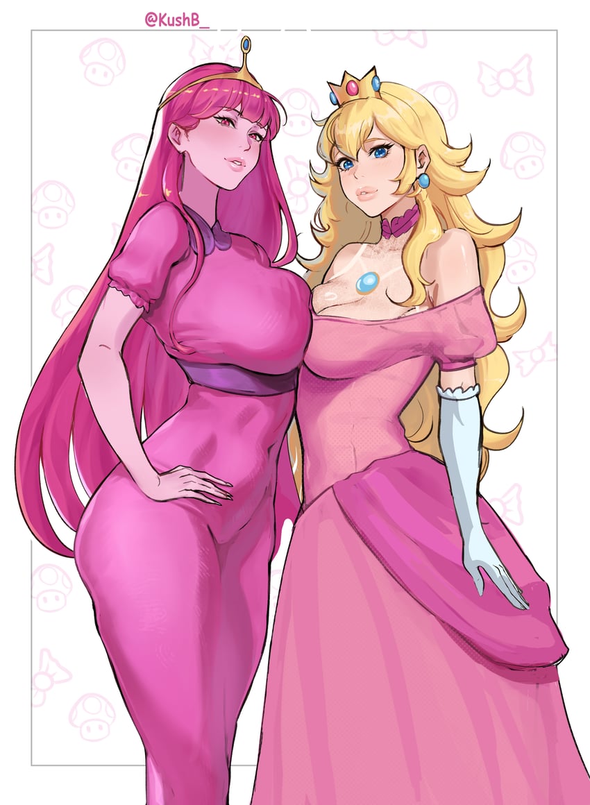princess peach and princess bonnibel bubblegum (mario and 1 more) drawn by kushb