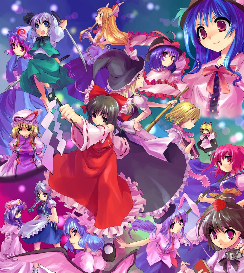 hakurei reimu, kirisame marisa, remilia scarlet, izayoi sakuya, konpaku youmu, and 10 more (touhou and 1 more) drawn by kobanzame