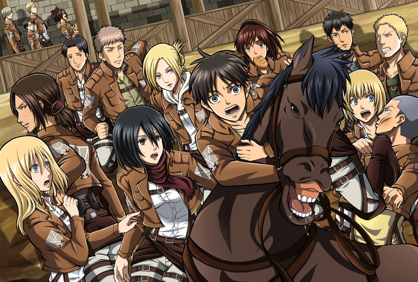 mikasa ackerman, eren yeager, levi, krista lenz, ymir, and 10 more (shingeki no kyojin) drawn by meiyaku