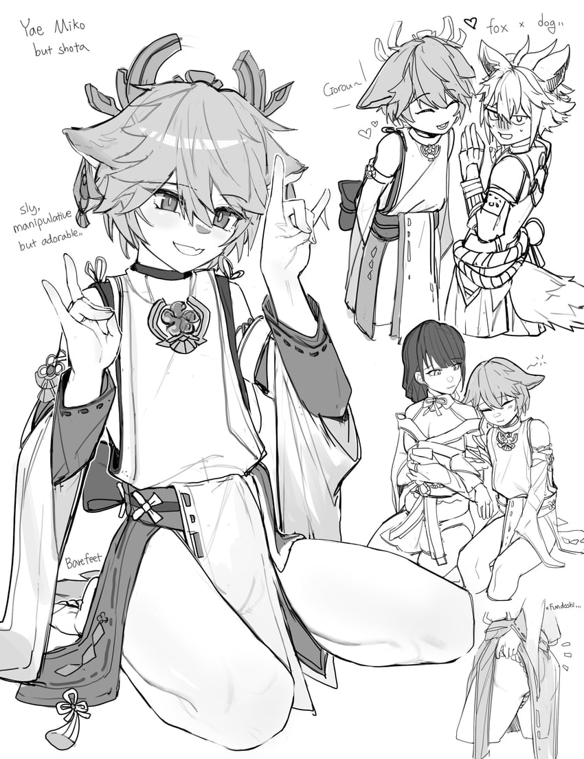 raiden shogun, yae miko, and gorou (genshin impact) drawn by bana_gameg