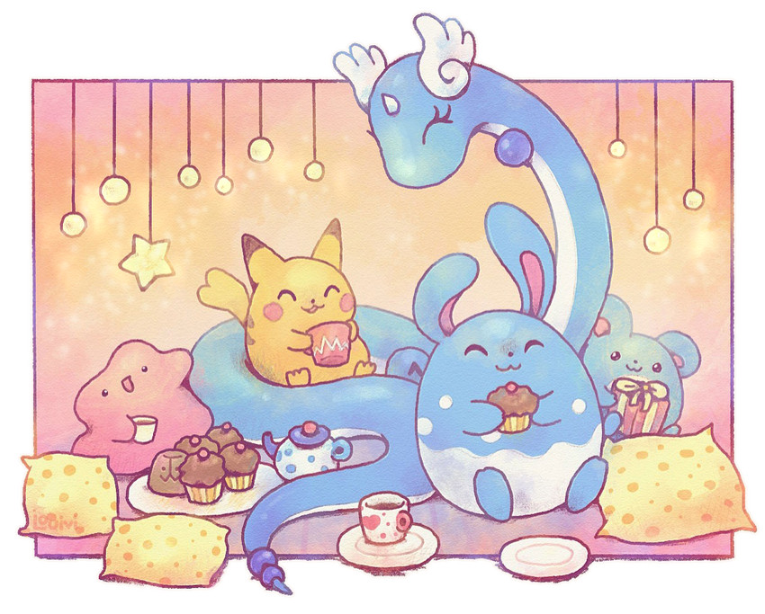 pikachu, ditto, marill, dragonair, azumarill, and 1 more (pokemon) drawn by louivi