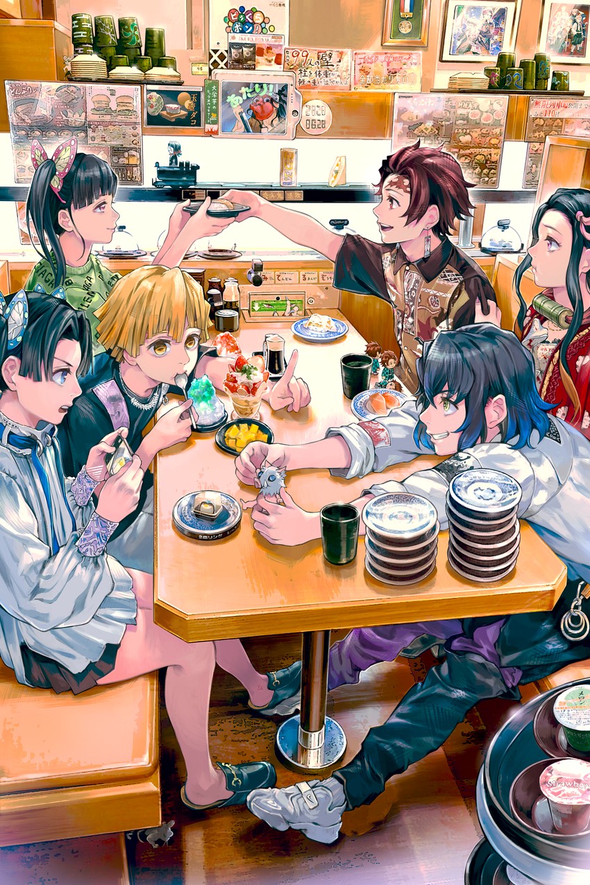 kamado nezuko, kochou shinobu, kanroji mitsuri, kamado tanjirou, rengoku kyoujurou, and 16 more (kimetsu no yaiba) drawn by kyuuba_melo