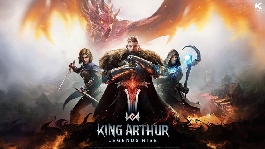arthur pendragon, caliburn, merlin, and kay (king arthur: legends rise)
