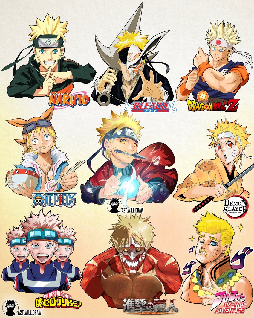 uzumaki naruto and titan (jojo no kimyou na bouken and 9 more) drawn by a2t_will_draw