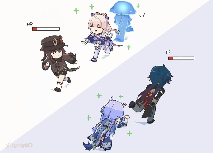 hu tao, sangonomiya kokomi, blade, and bailu (genshin impact and 3 more) drawn by xinzoruo
