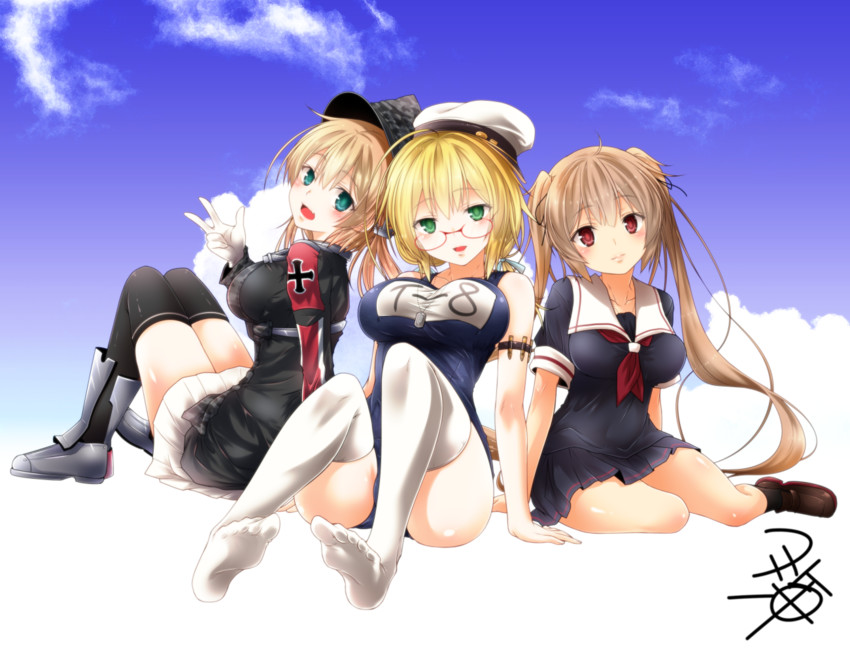 prinz eugen, murasame, and i-8 (kantai collection) drawn by yua_(checkmate)