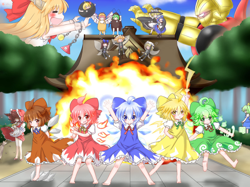 hakurei reimu, kirisame marisa, cirno, rumia, hinanawi tenshi, and 11 more (touhou and 2 more) drawn by mofu_mofu